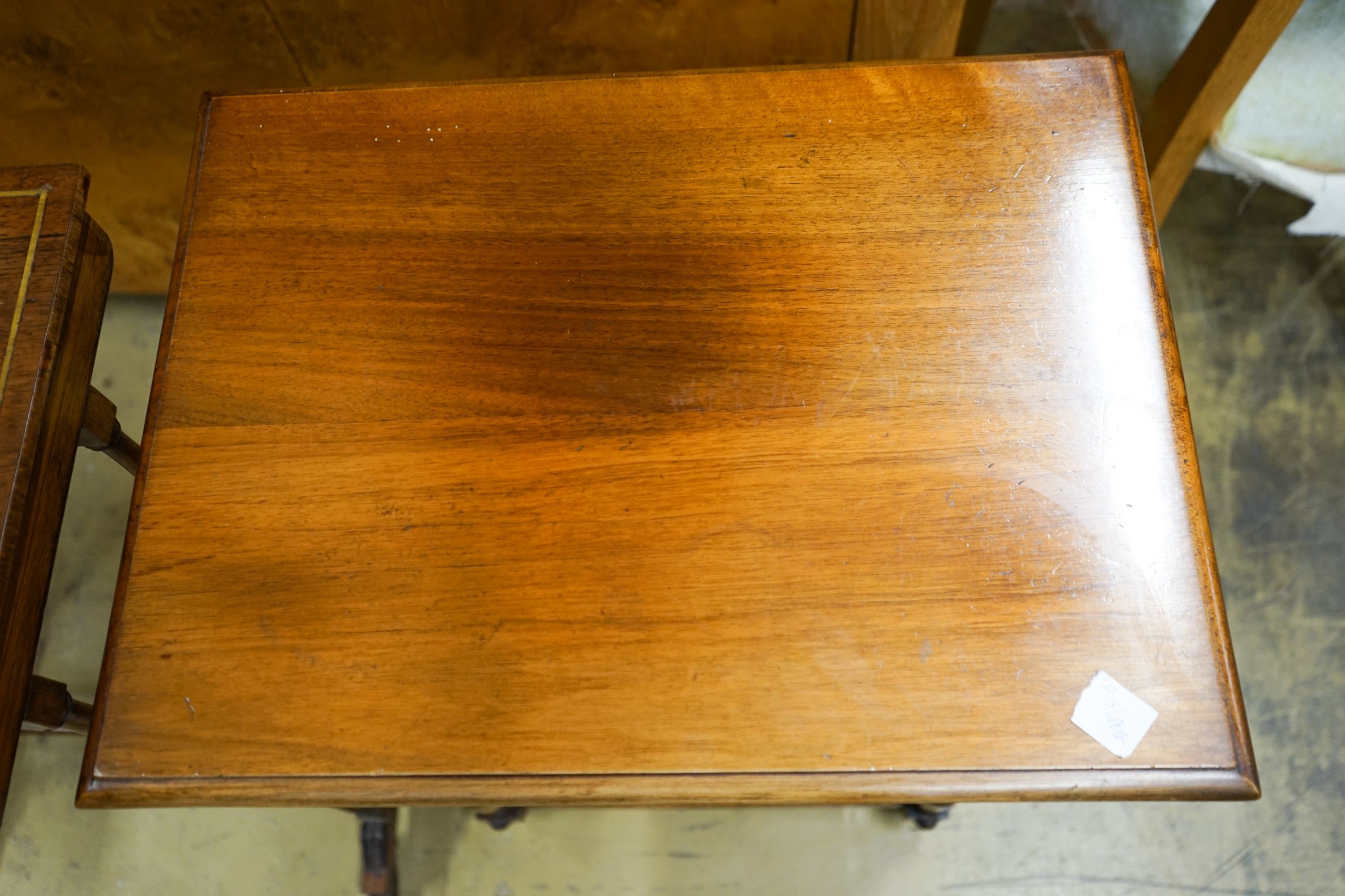 An Edwardian walnut two tier occasional table and a rectangular rosewood tea table, larger width 48cm, depth 36cm, height 69cm